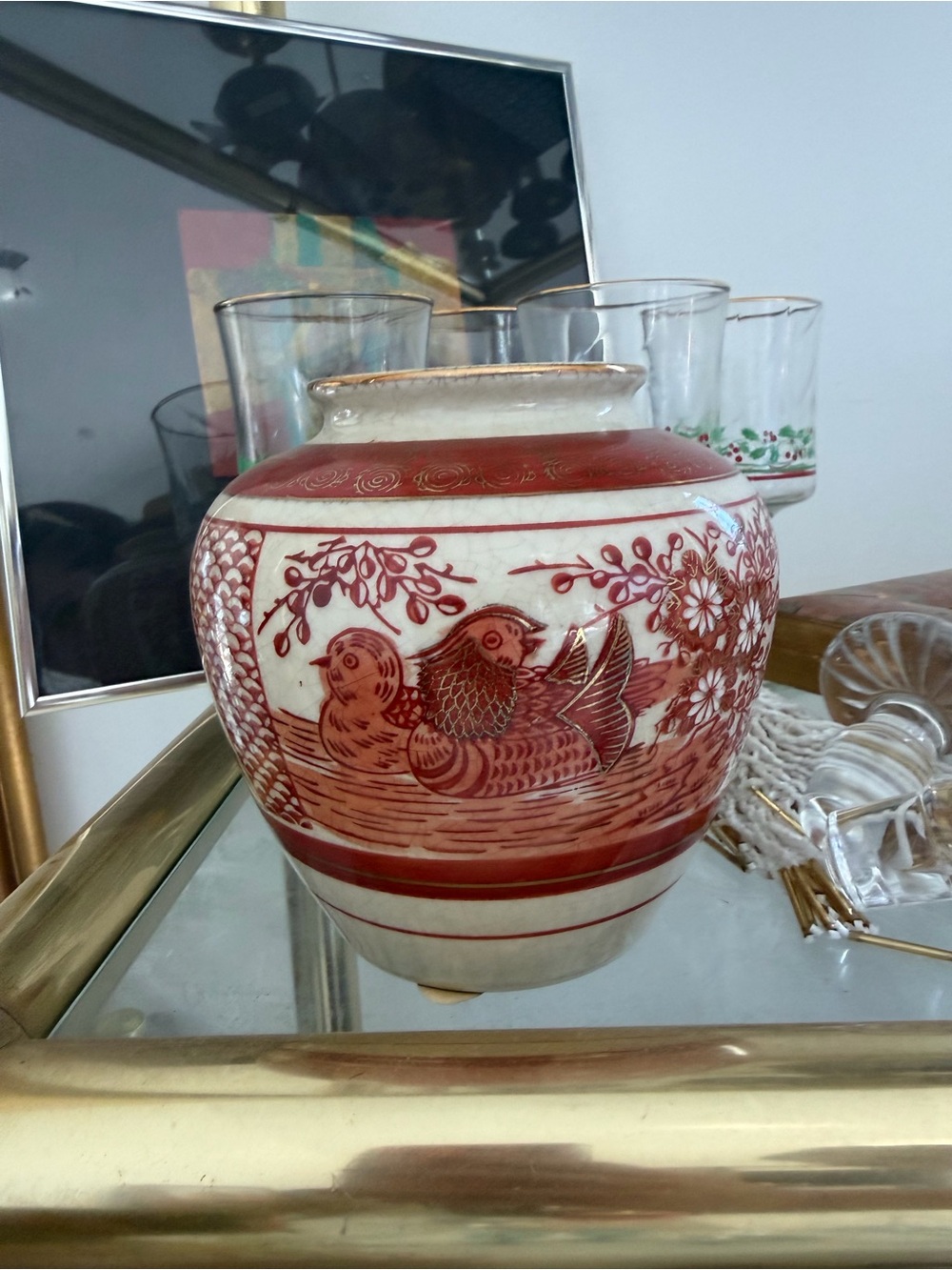 Vintage Asian vase Classic Red and White Decorative Ceramic Vase - Unbranded